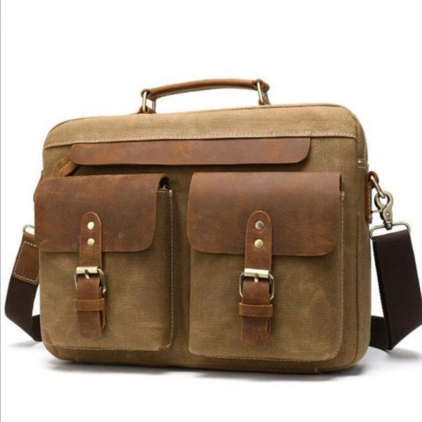 besace en cuir et toile avec bandoulière ajustable